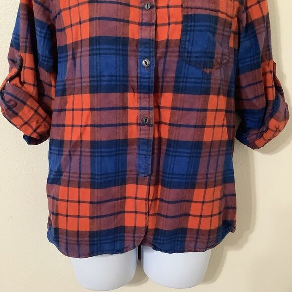 Jack's Girlfriend Blue Orange Plaid Flannel Cotton Country Button Up Shirt Small - Picture 3 of 9